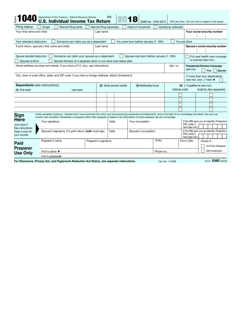 Free 2018 1040 Form And Instructions Download