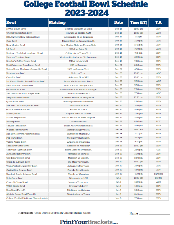 Printable College Football Bowl Schedule: Your Ultimate Guide to the Postseason