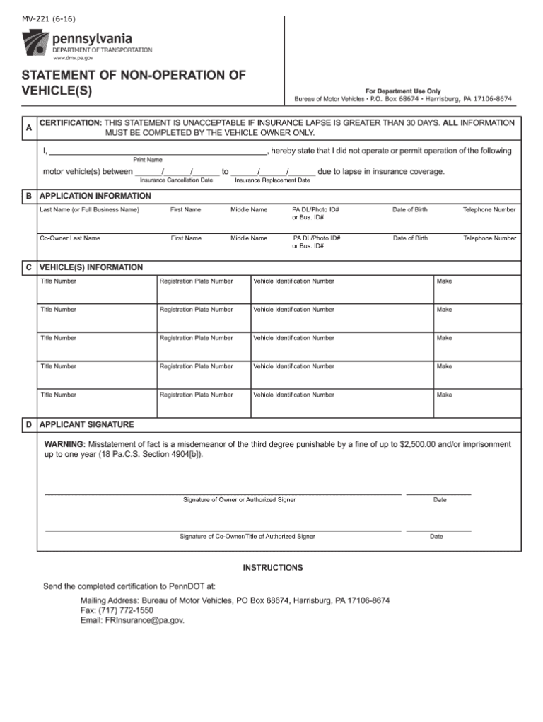 2016 2024 Form PA MV 221 Fill Online Printable Fillable Blank PdfFiller