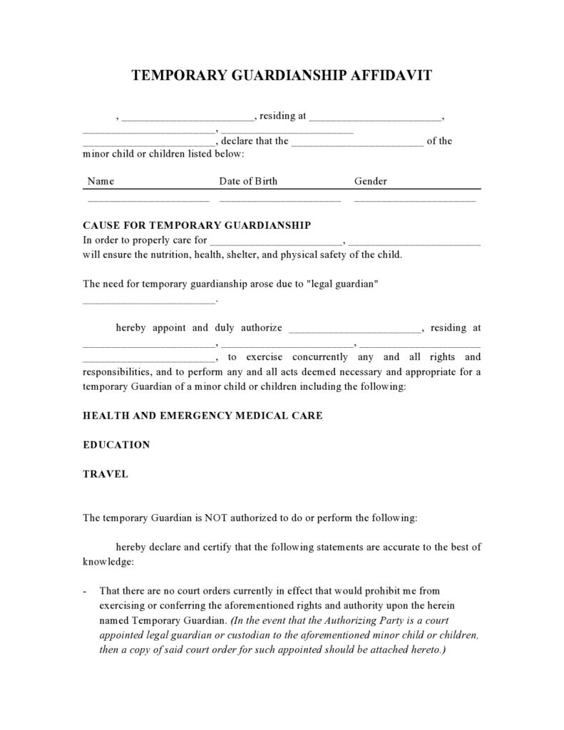 40 Printable Temporary Guardianship Forms All States 