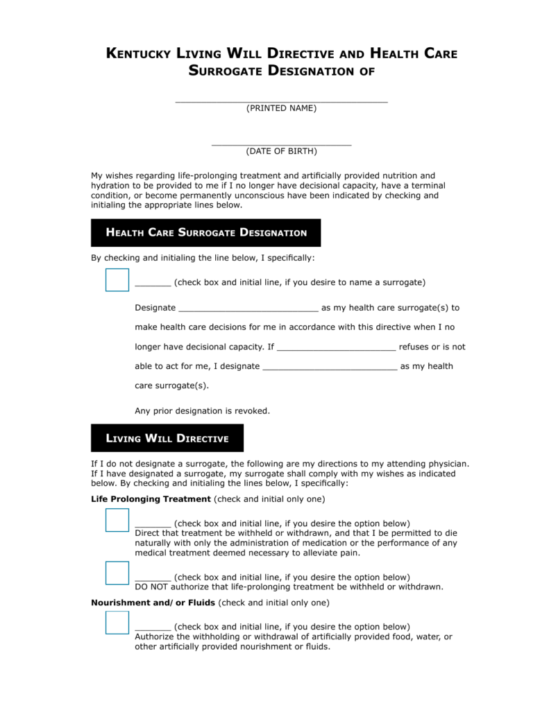 Download Kentucky Living Will Form Advance Directive Living Will 