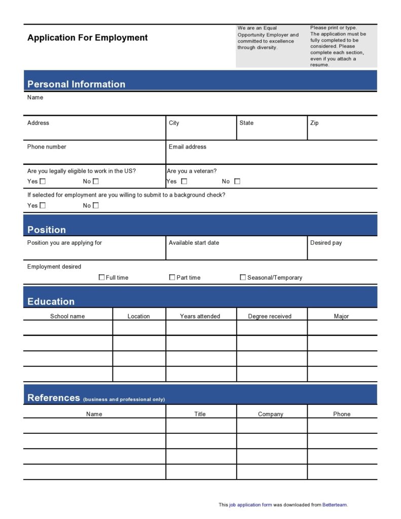 Employment Application Form Free Printable