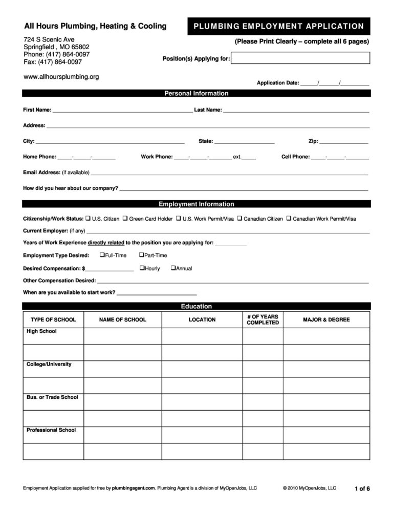 Employment Application Form Free Printable