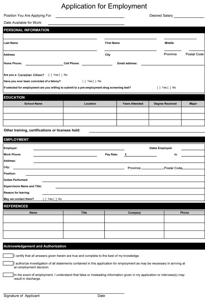 Employment Application Forms Free Printable