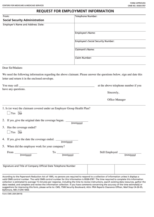 Fillable Form Cms L564 Request For Employment Information Printable 