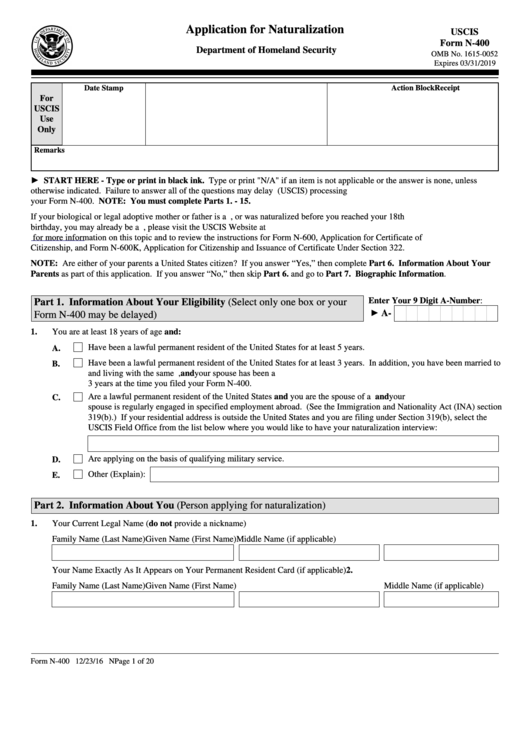 Fillable Form N 400 Application For Naturalization U s Citizenship 