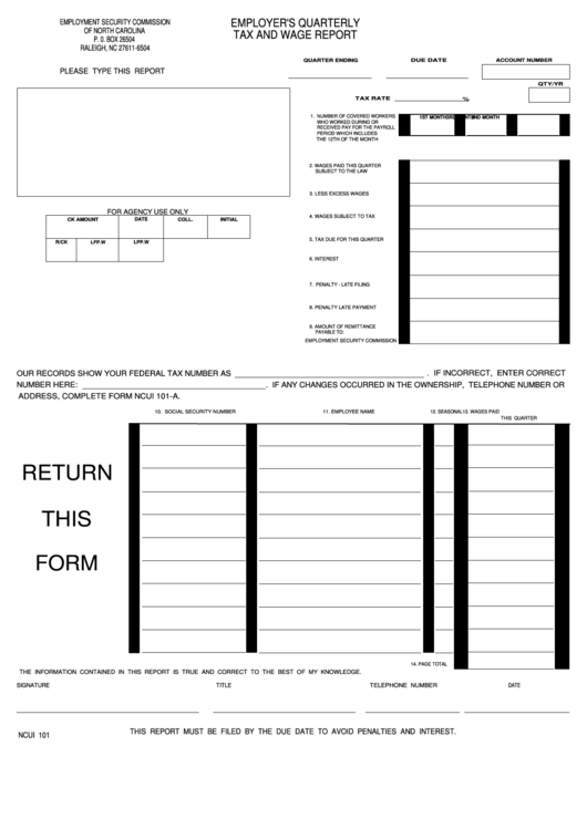 Fillable Form Ncui 101 Employerr S Quarterly Tax And Wage Report 