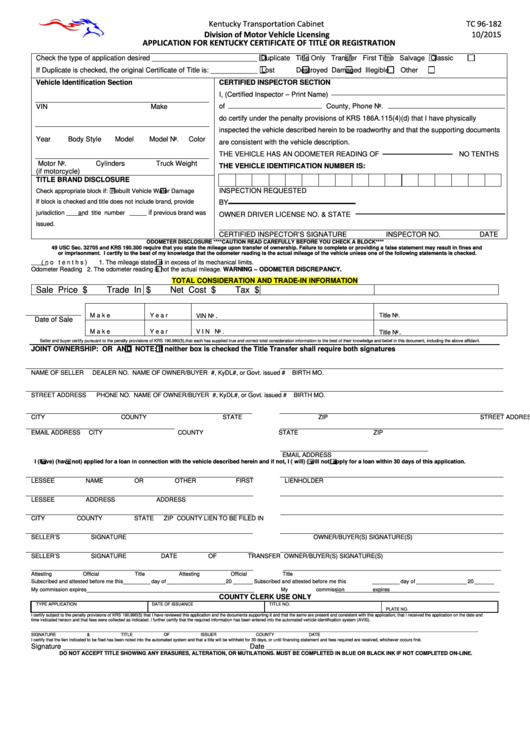 Fillable Form Tc 96 182 Application For Kentucky Certificate Of