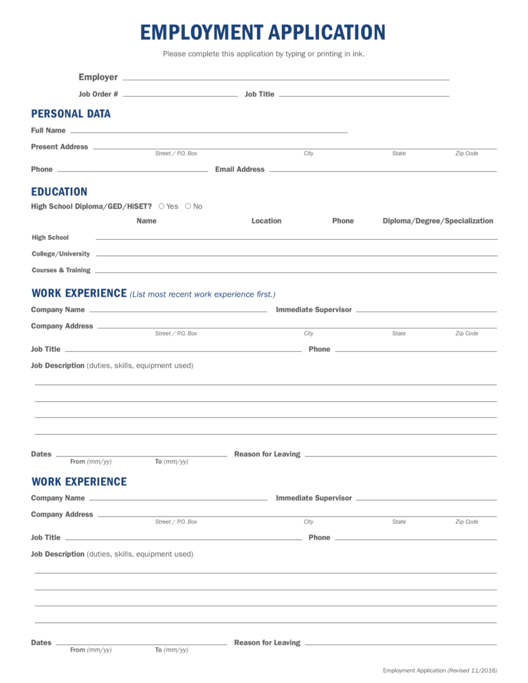 Fillable Generic Job Application Form Printable Forms Free Online