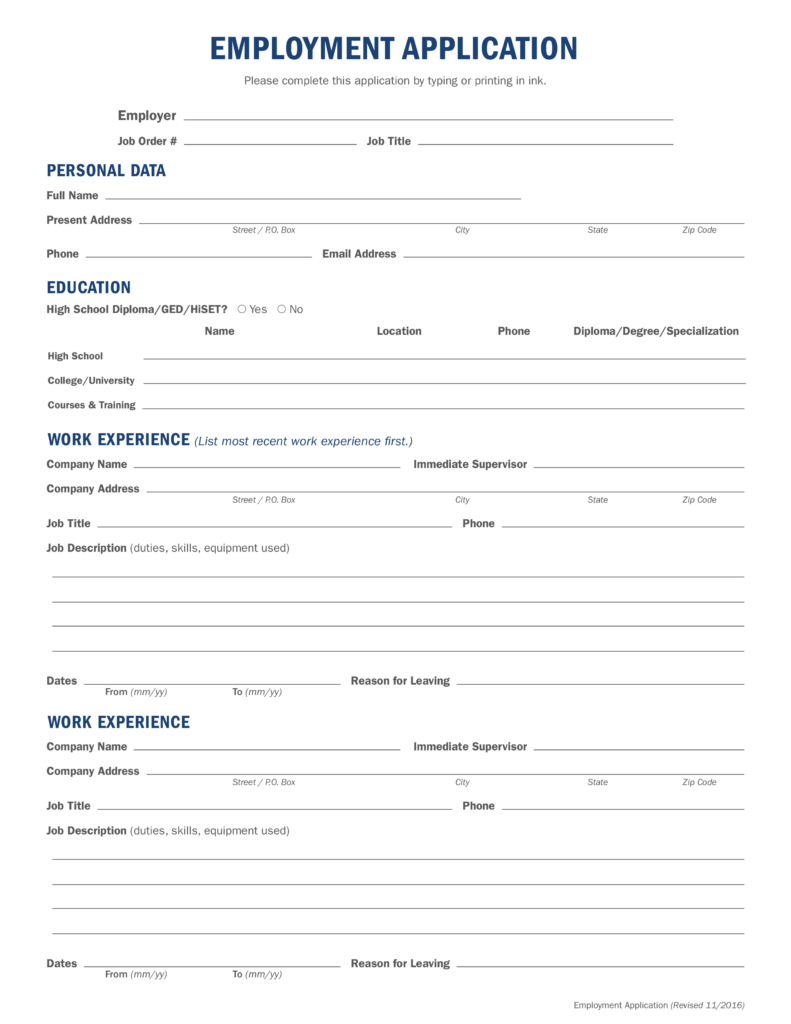 Fillable Generic Job Application Form Printable Forms Free Online