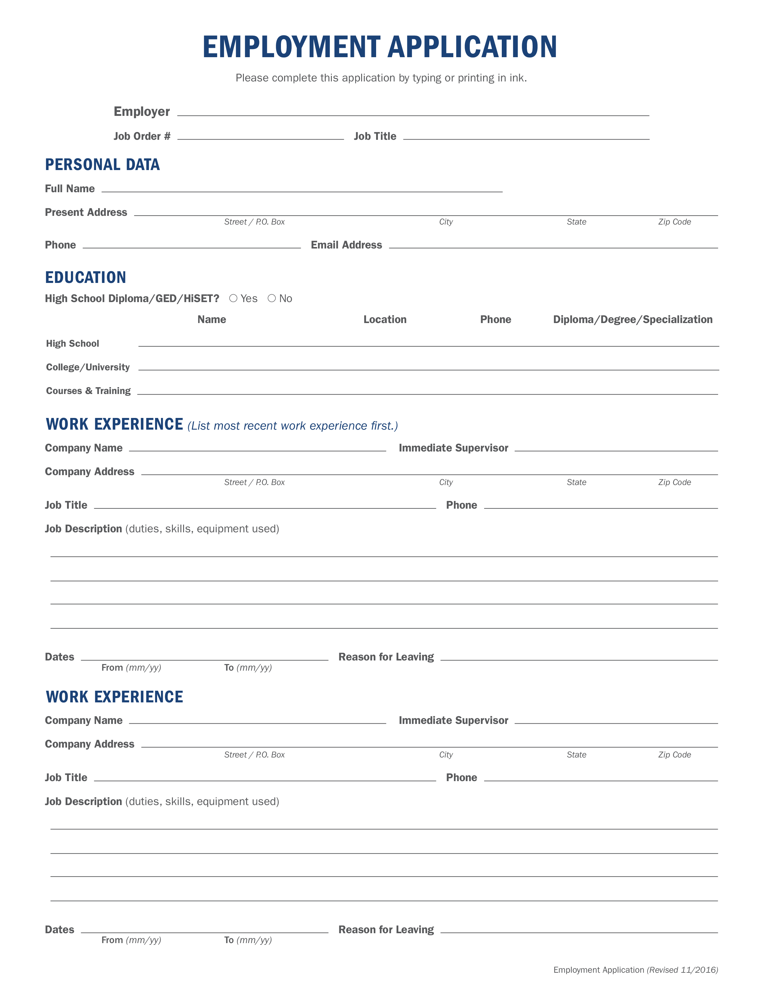 Fillable Generic Job Application Form Printable Forms Free Online