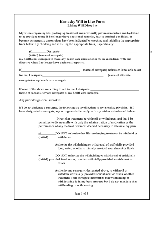 Fillable Kentucky Will To Live Form Living Will Directive Printable Pdf 