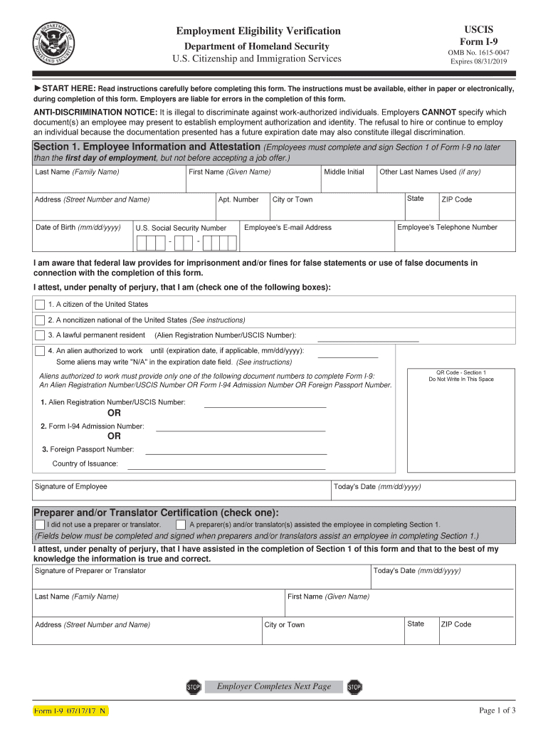 Form Form I 9 Blank Printable Printable Forms Free Online