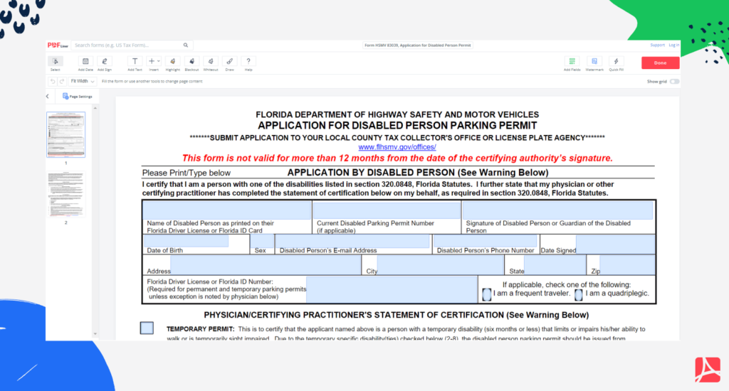 Form HSMV 83039 Application For Disabled Person Permit PDFliner