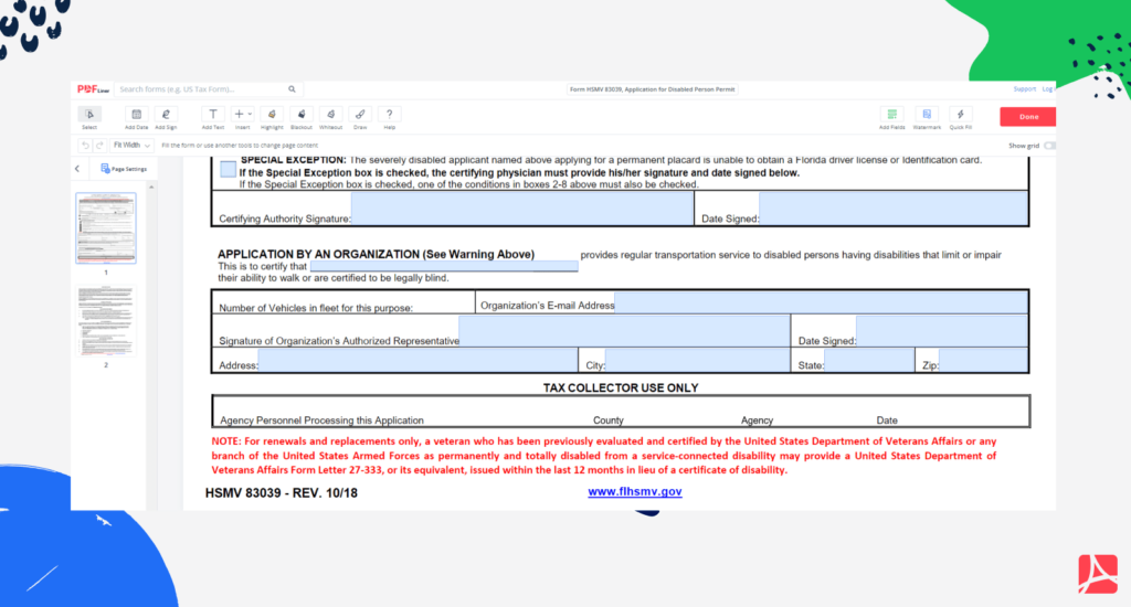 Form HSMV 83039 Application For Disabled Person Permit PDFliner