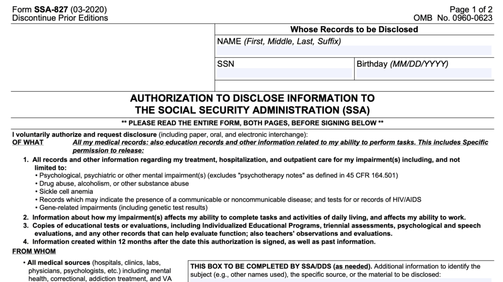 Form SSA 827 Instructions Disclosing Information To SSA