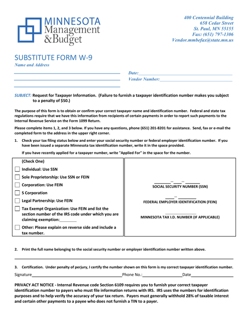 Form W 9 Download Fillable PDF Or Fill Online Substitute Form Minnesota