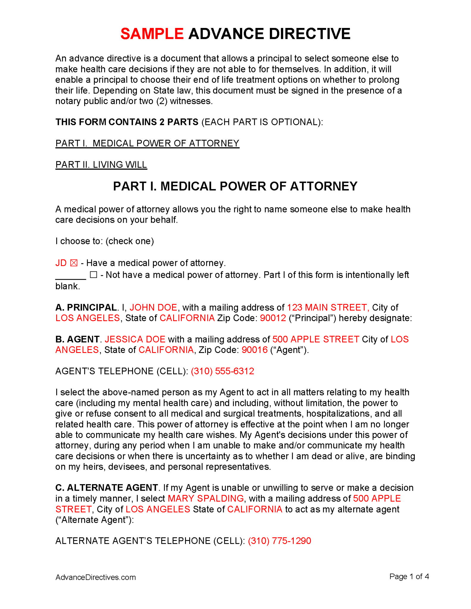 Free Advance Directive Forms 50 States PDF WORD