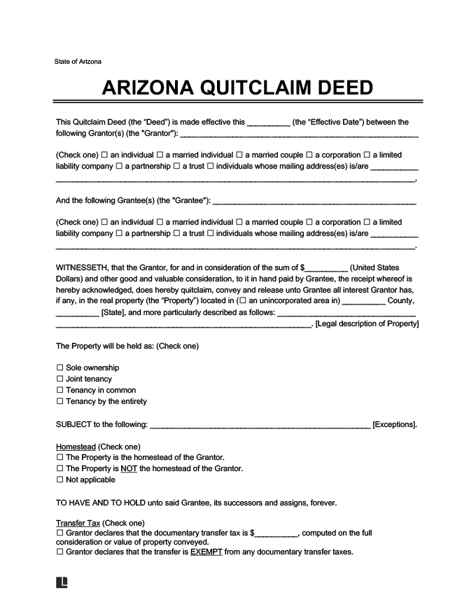 Free Arizona Quitclaim Deed Form PDF Word