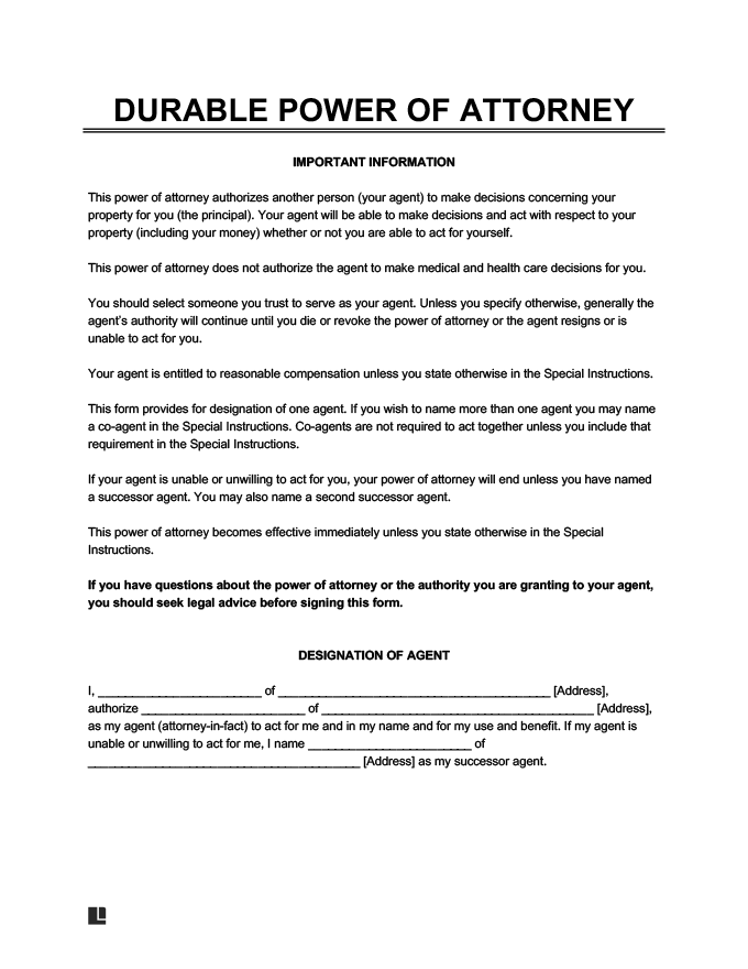 Free Blank Printable Durable Power Of Attorney Forms