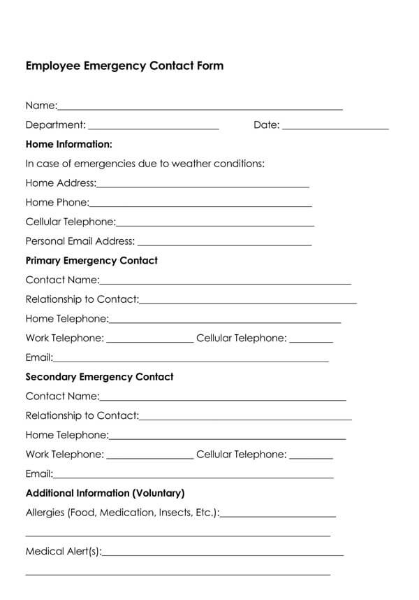 Free Employee Emergency Contact Forms Word PDF 