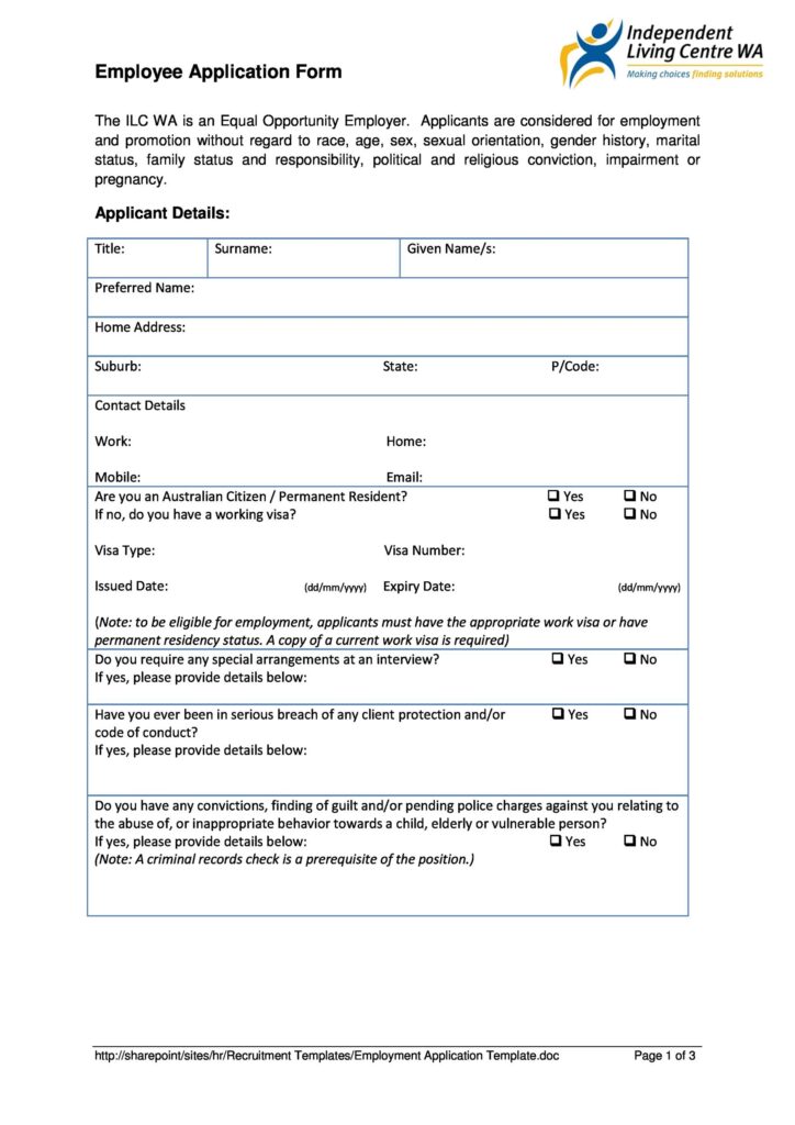 Free Job Application Form Template Word