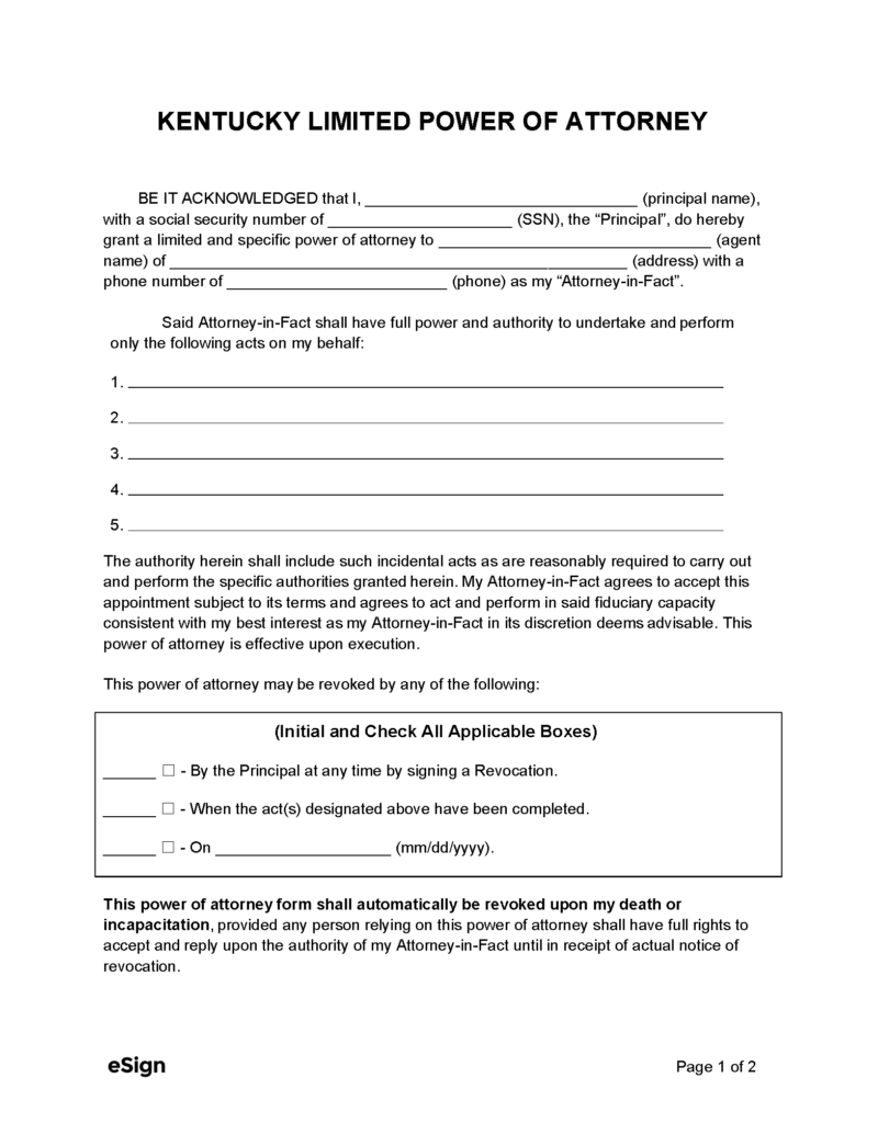 Free Kentucky Limited Power Of Attorney Form PDF Word