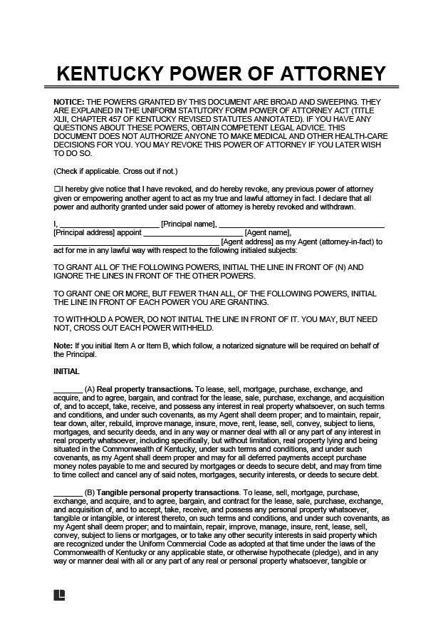 Free Kentucky Power Of Attorney Forms PDF Word