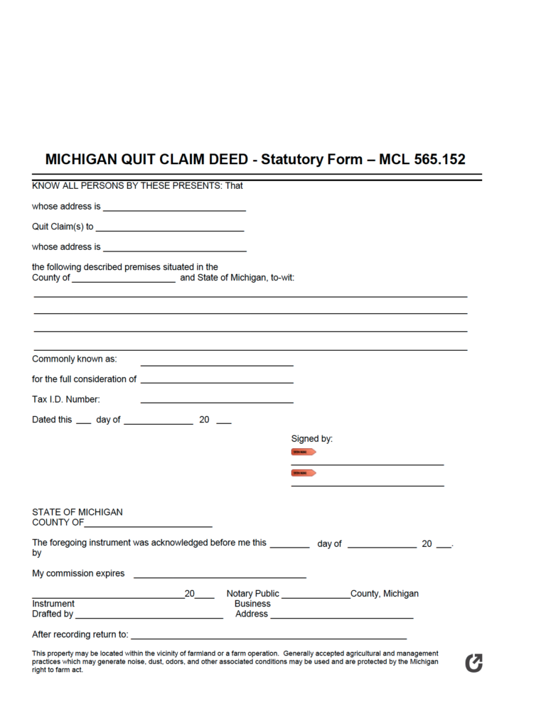 Free Michigan Quit Claim Deed Form PDF