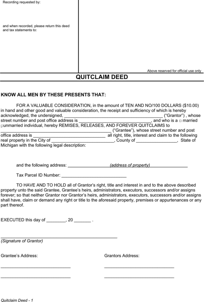 Free Michigan Quitclaim Deed Form PDF 62KB 2 Page s 