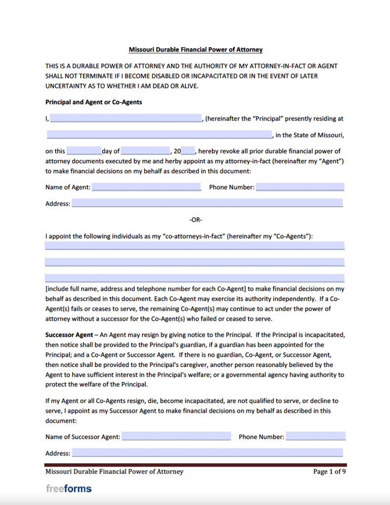 Free Missouri Power Of Attorney Forms PDF