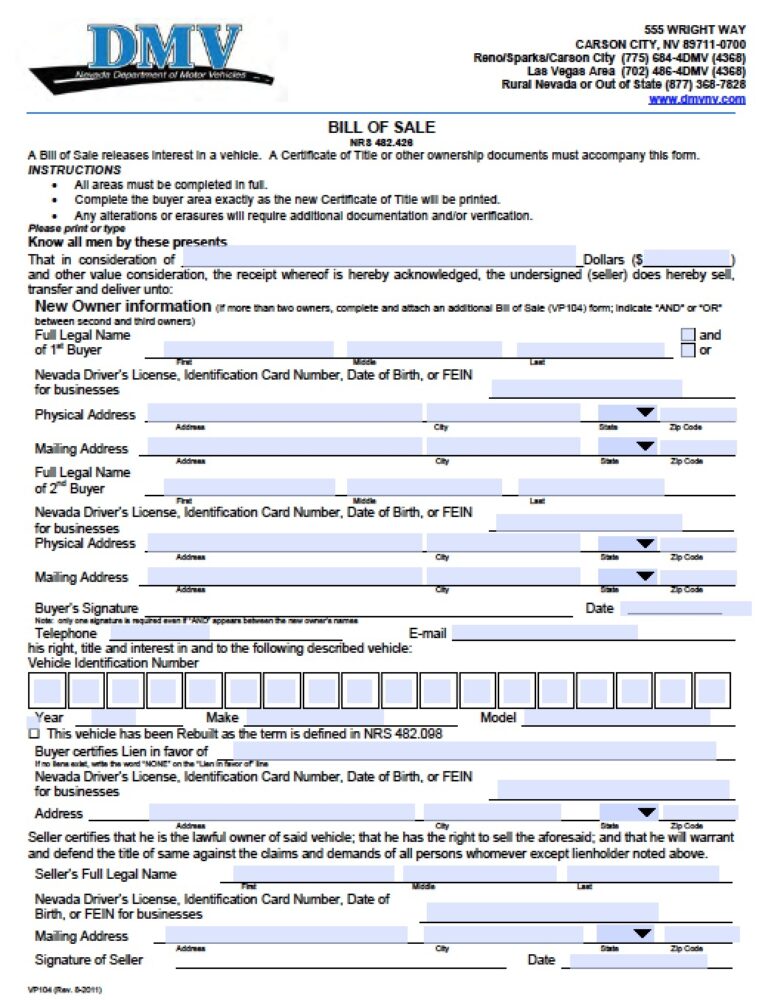 Free Nevada DMV Vehicle Bill Of Sale VP104 Form PDF Word doc 