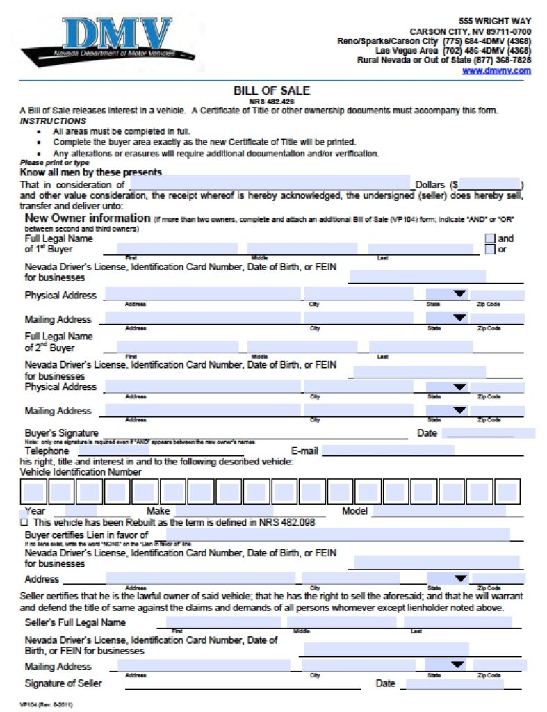 Free Nevada DMV Vehicle Bill Of Sale VP104 Form PDF Word doc 