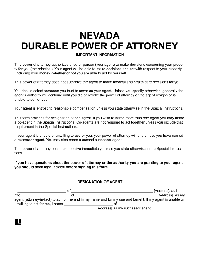 Free Nevada Power Of Attorney Forms PDF Word