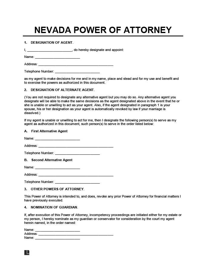 Free Nevada Power Of Attorney Forms PDF Word