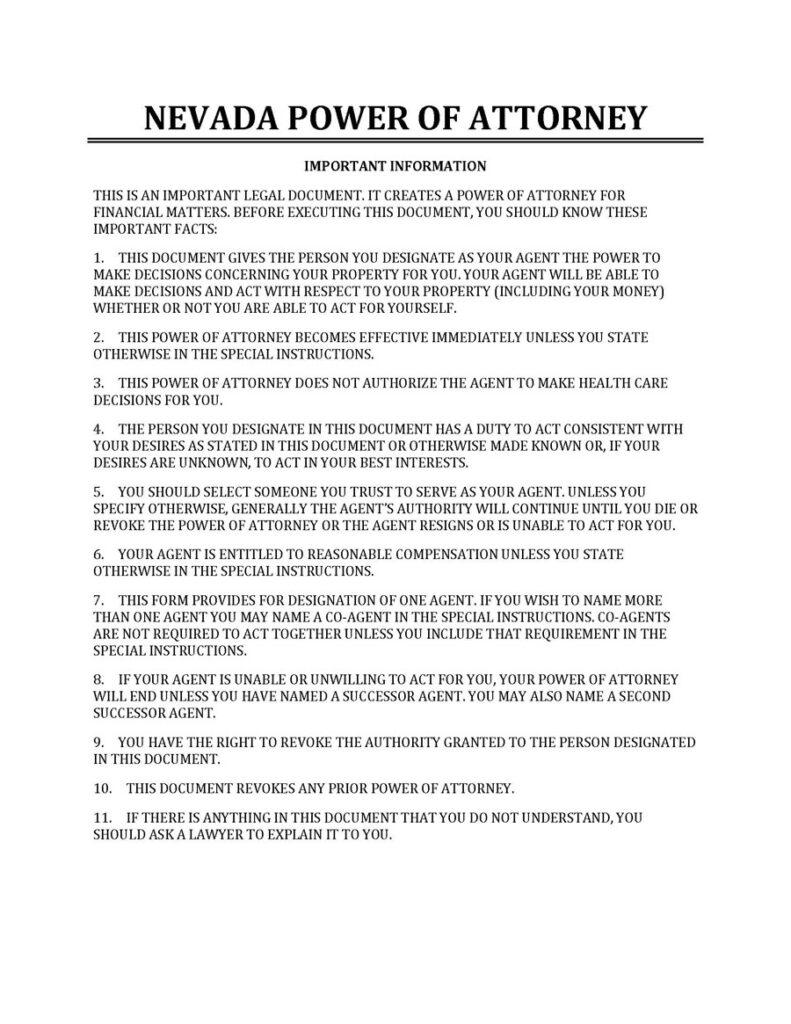 Free Nevada Power Of Attorney POA Forms PDF Word