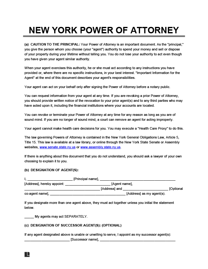 Free New York Non Durable Power Of Attorney Form PDF Word