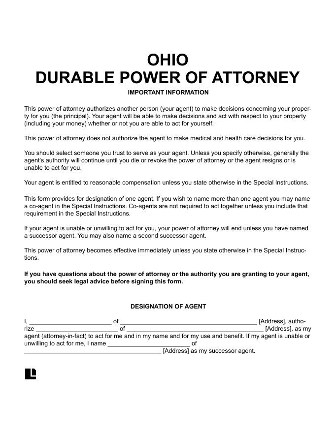 Free Ohio Durable Statutory Power Of Attorney Form PDF Word