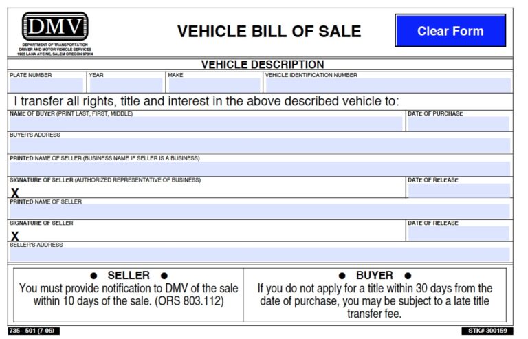 Free Oregon DMV Vehicle Bill Of Sale 501 Form PDF Word doc 