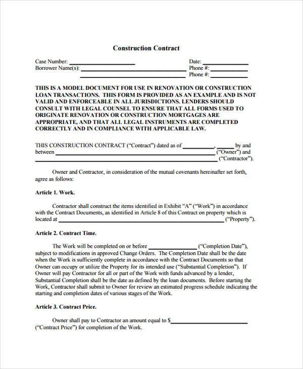 Free Printable Blank Construction Contract Forms