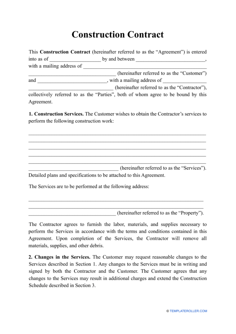 Free Printable Construction Contract Template