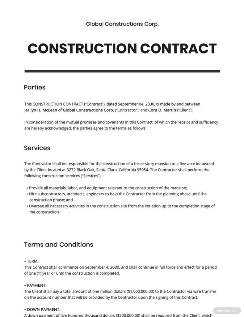 Free Printable Construction Contract Template