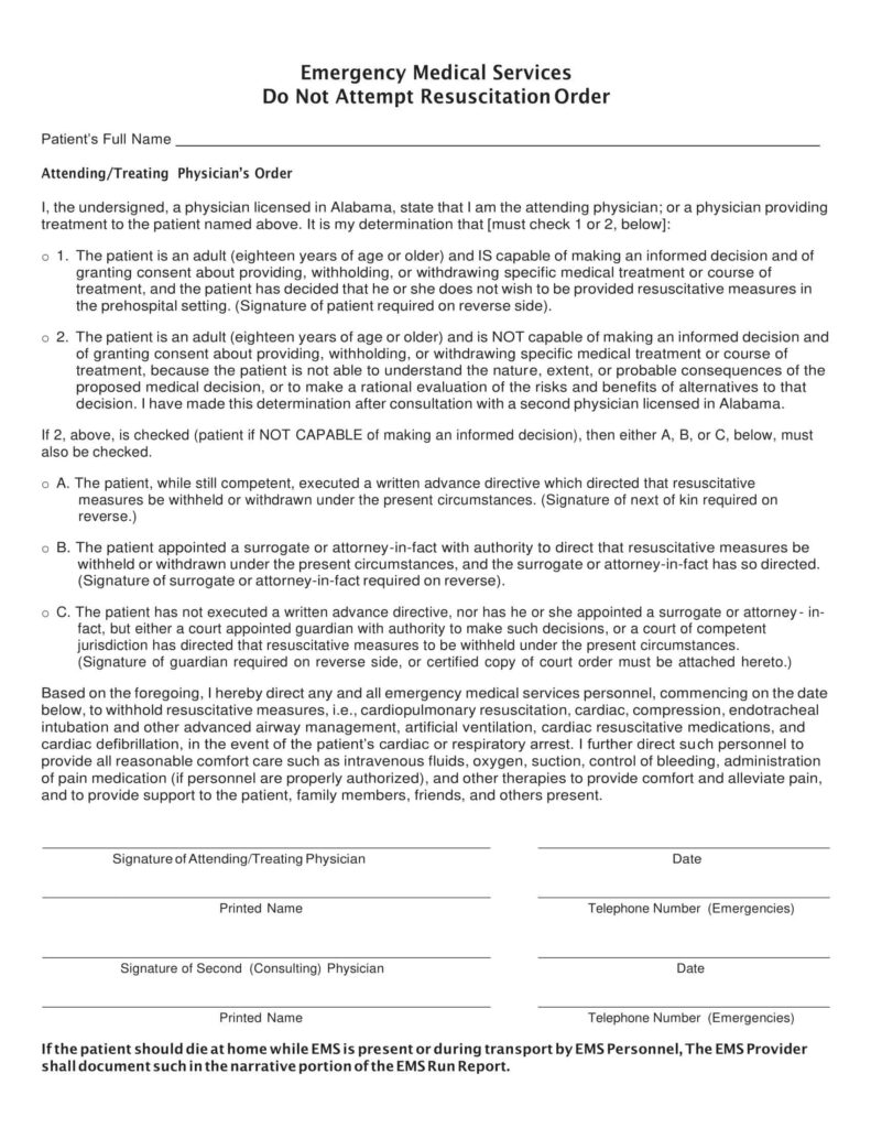 Free Printable Do Not Resuscitate DNR Order Form PDF Word 