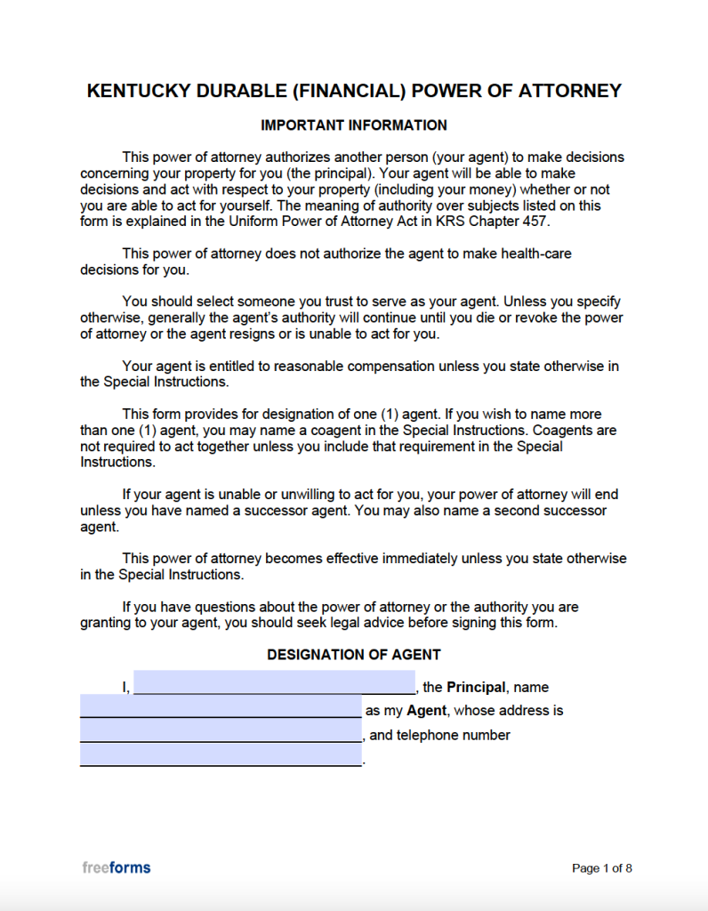 Free Printable Durable Power Of Attorney Form Kentucky