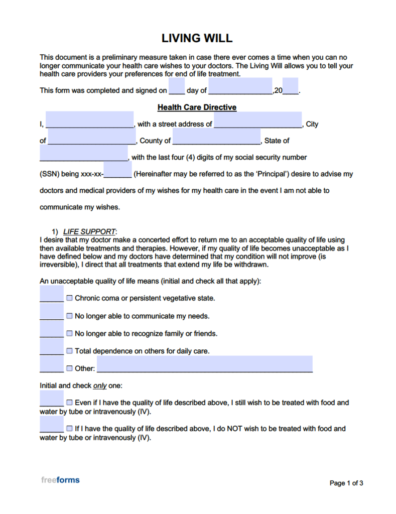 Free Printable File Printable Living Will Forms