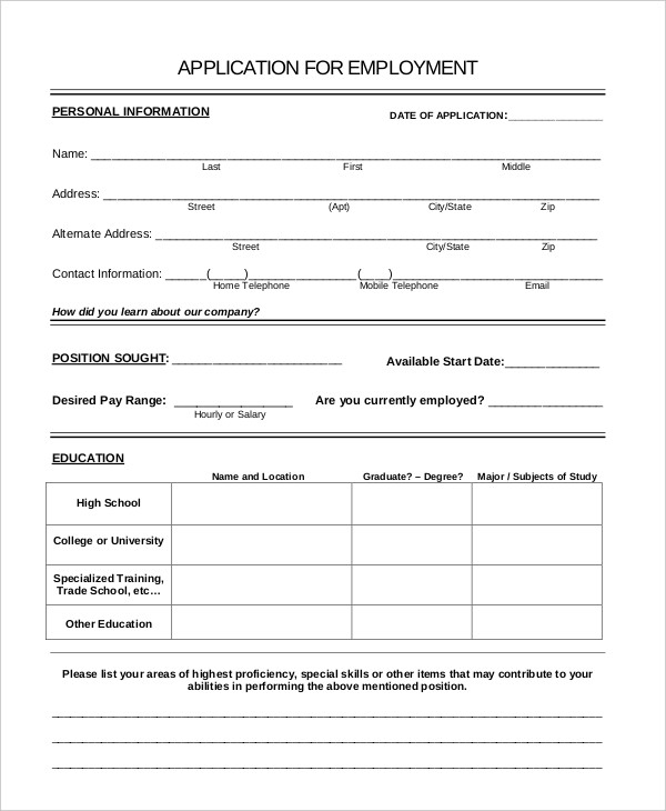 Free Printable General Job Application Form