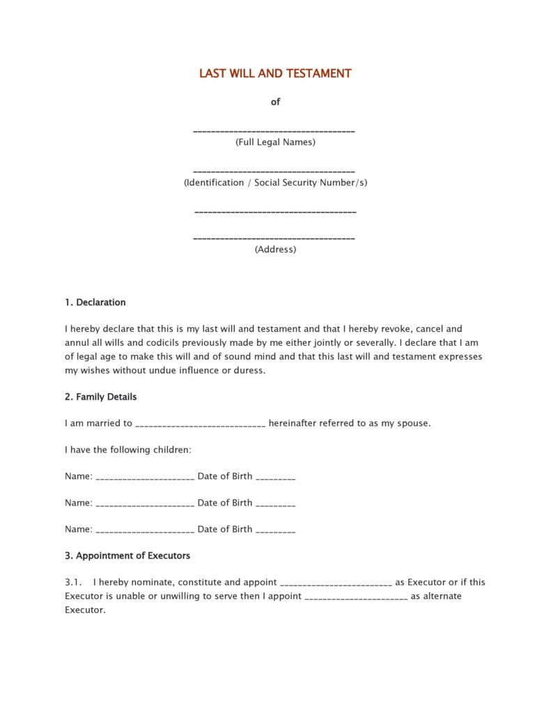 Free Printable Last Will And Testament Blank Forms