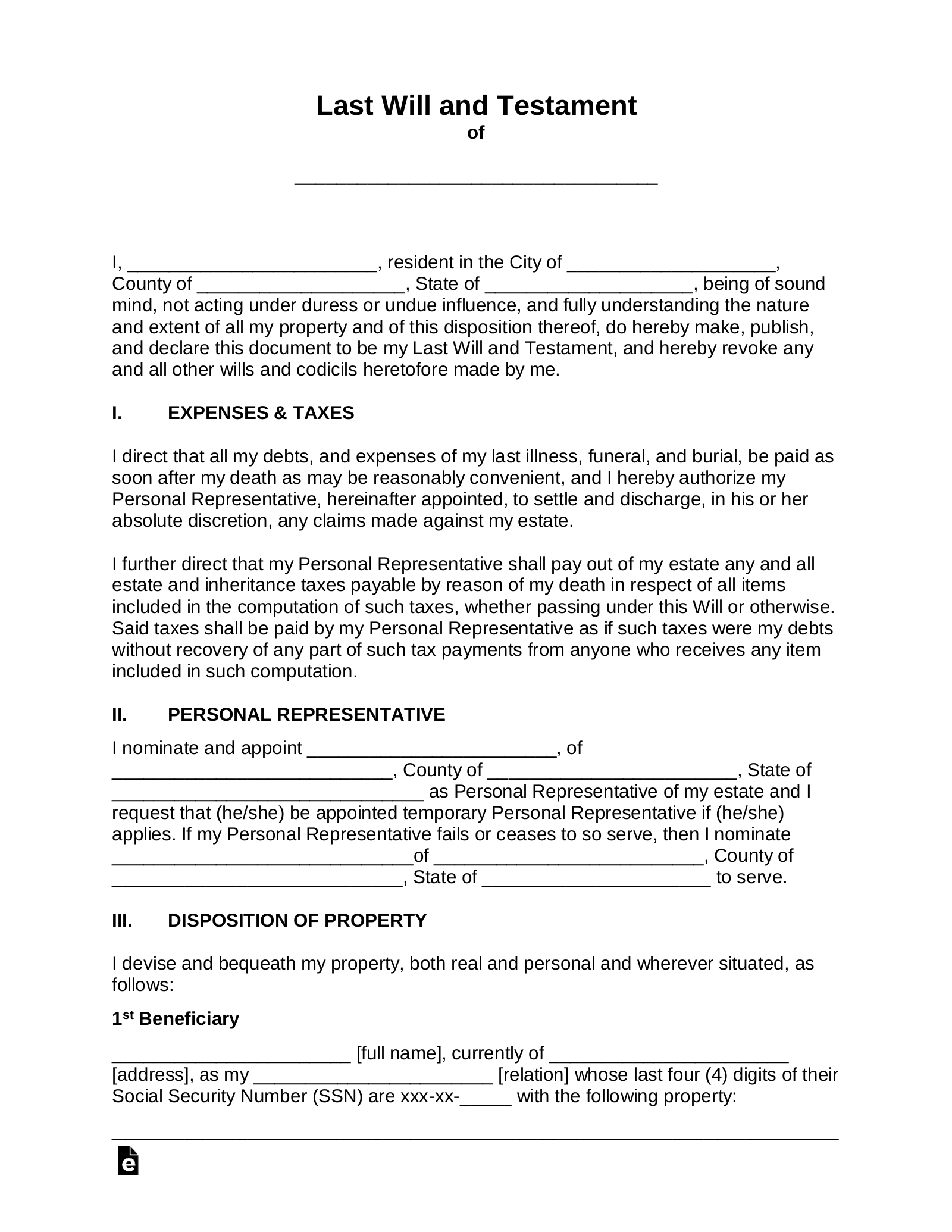 Free Printable Last Will Testament Forms