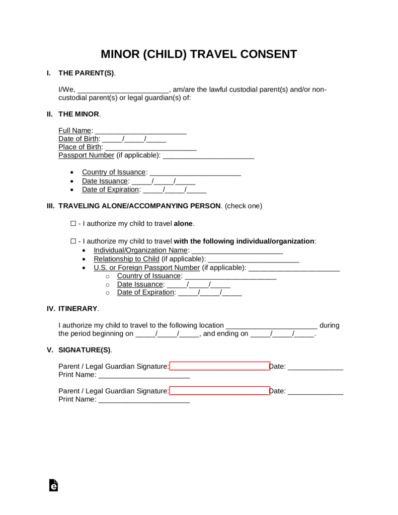 Free Printable Minor Travel Consent Form