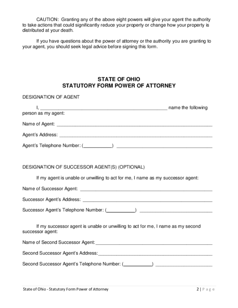 Free Printable Power Of Attorney Form Ohio